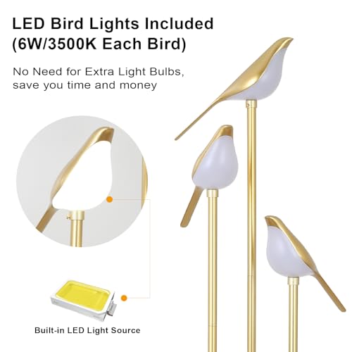 Gold Floor Lamps for Living Room, Modern Floor Lamp with Shelves, Mid Century Standing Lamp with 3 Adjustable LED Bird Lights, Corner Tall Lamp with Table, Brass Stand up Lamp for Bedroom Kids Room