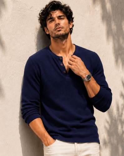Image of AUSK Men's Waffle Knit Henley T-Shirt | Cotton Blend Full Sleeve Textured Casual T Shirt | Regular Fit Button Placket Round Neck Tshirt for Men