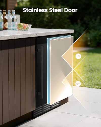 Image of 24 Inch Outdoor Refrigerator, 180-Can Under Counter Beverage Refrigerator with Stainless Steel Foam Door & Adjustable Shelves, Drink Fridge for Soda or Beer, Outdoor Fridge for Patio, Outdoor Kitchen