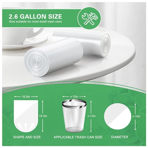 Small Trash Bags 2.6 Gallon-108 Count Leakage-Proof Strong, Small Mini Garbage Bags for Bathroom, Bedroom, Office, White Small Trash Can Liners