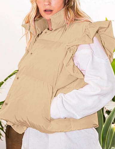 Himosyber Womens Cropped Puffer Vest Ruffle Sleeve Button Down Jacket Stand Collar Winter Warm Padded Gilet with Pockets4