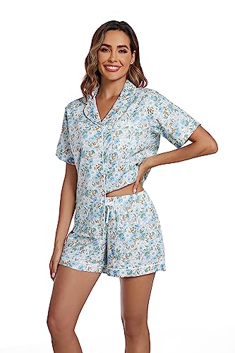 Image of LUBOT 100% Cotton Pajamas for Women 2 Piece PJ Set Poplin Woven Lightweight Ladies Button Short Sleeve Sleepwear S-XXL
