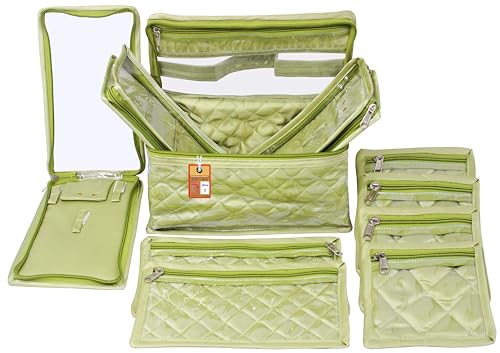 atorakushon Satin Makeup Pouches Cosmetic Necklace Ring Earrings Tops Studs Vanity Jewellery Locker Organizer For Women’S Travel Kit With 10 Pouch Bag Case (Pista Green)