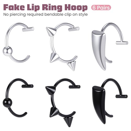 12 Pcs Fake Lip Ring Fake Snake Bite Non-Piercing Lip Cuff Ear Cuff Stainless Steel Vampire Teeth Ring Septum Nose Piercing Set for Women Men (Black Silver)2