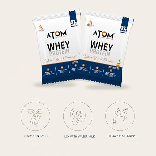 Image of AS-IT-IS ATOM Whey Protein - Isolate & Concentrate Blend I 27g Protein, DigeZyme & Probiotics, Light on Gut, Big on Gains, Easy to Carry Anywhere (No Excuse Travel Pack, 6 Sachets x 36g)