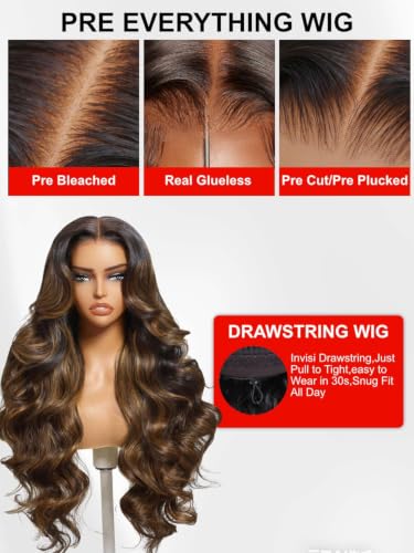Image of Beauty Forever Balayage Brown Body Wave Glueless Human Hair Wig, Wear and Go Wig for Beginners, 7x5 Lace Pre Plucked Pre Cut Bleached Knots, No Glue Drawstring Cap, Natural Look 150% Density 20 inch