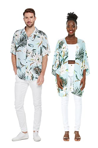 Matchable Couple Hawaiian Luau Shirt or Kimono in Wispy Cereus Black