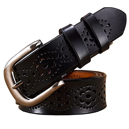 Women's Vintage Genuine Cowhide Leather Belt for Jeans Pants Hollow Flower Design Ladies Waist Belt with Alloy Buckle