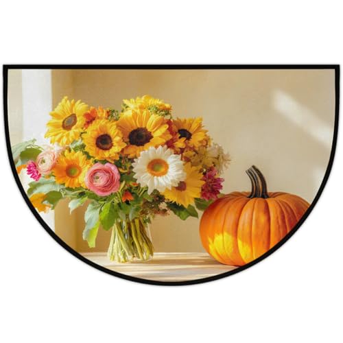 Image of cfpolar Half Round Door Mat Autumn Sunflowers Pumpkins Non-Slip Semi Circle Area Rug Washable Half Moon Hearth Rugs for Indoor Outdoor Bathroom Kitchen Patio Runner Mat Laundry Room Home Decoration