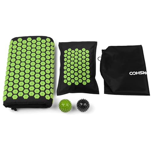 Esterilla de acupresión para relajarte en casa con pelotas de reflexología y rodillos, verde.