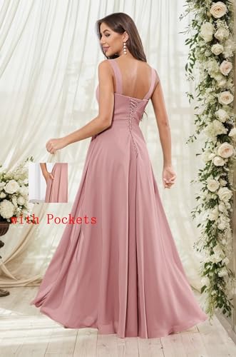 Bridesmaid Dresses for Women with Slit Chiffon Ruffles Square Neck A-Line Formal Evening Dresses with Pockets4