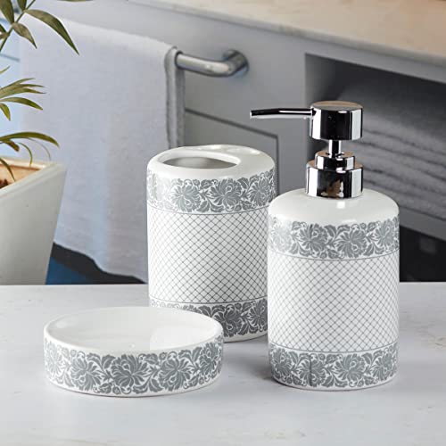 Image of SaSaSa Ceramic Bathroom Set of 3 Modern Bath Accessories Kit with Soap Dispenser, Toothbrush Holder & Dish - Stylish & Elegant Bathroom Decor, White /Grey (5765)