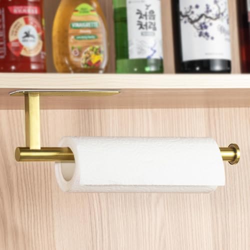 Image of ASTOFLI Paper Towel Holder Under Cabinet No Drilling, Self Adhesive Paper Towel Holder Wall Mount for Kitchen Rack, Under Counter Napin Holder No Drill, RV, 304 Stainless Steel, Gold Brass 2 Pack
