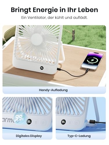 Warmco 20000mAh Akku Camping Ventilator 27cm mit Lampe, 15-48 Std. Laufzeit, Ultra-Leise, Ultraflach, Display, Haken, USB Tischventilator für Zelt, Outdoor, Reisen, Büro, Wohnmobil, Schlafzimmer 6