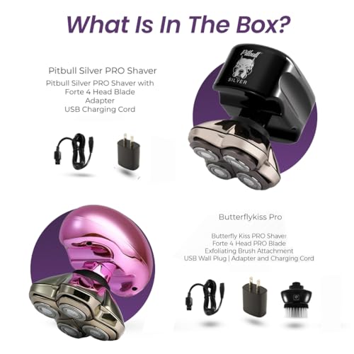 Image of skull shaver Pitbull Silver PRO with Butterfly Kiss Pro: Electric Head Shaver For Bald Men /Women, Wet & Dry, Cut Free, Ergonomic Design, Includes Forte 4 Head, Adapter, USB Cord (Couples Combo), Black