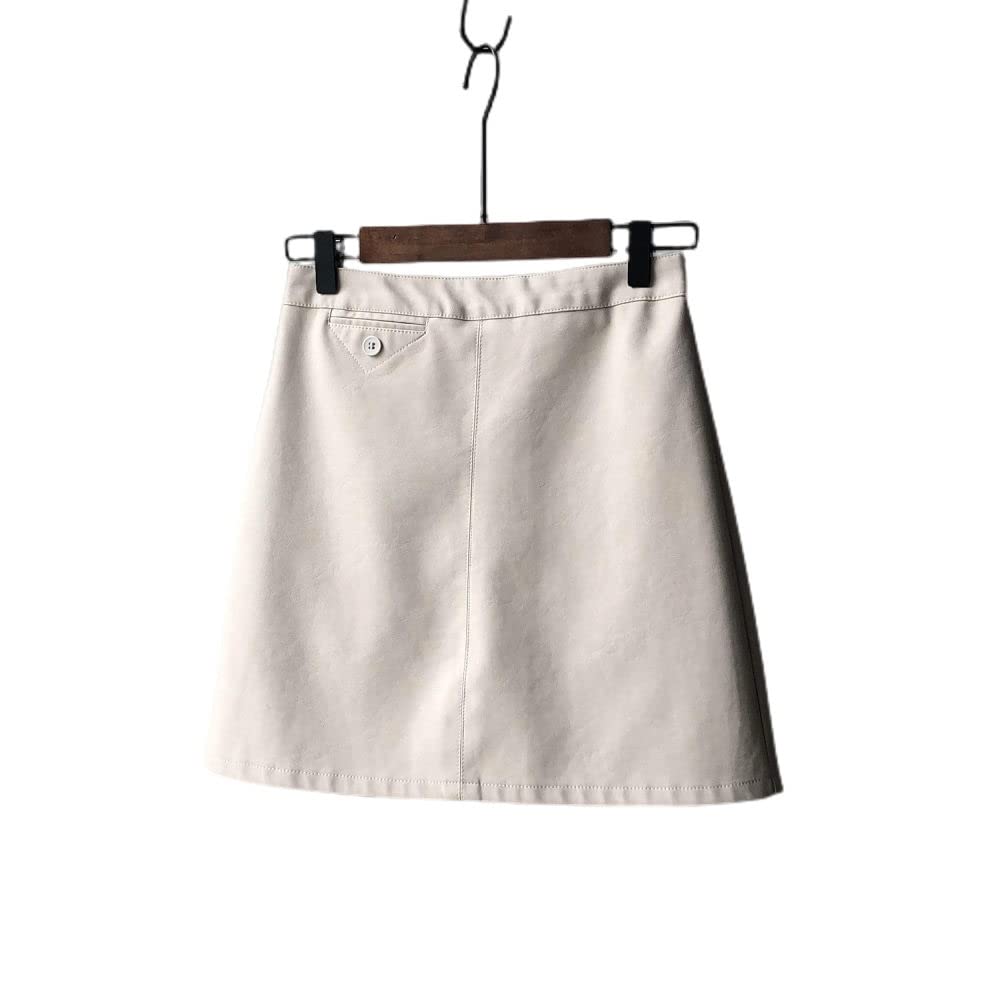 OZEO Röcke,Damen-Minirock Beige High WAIS Matte Pu-Lederrock Hüften Mit Reißverschlüssen Umwickelt Knöpfe A-Linie Mode Kurzer Rock Für Mädchen Damen Frühling,M