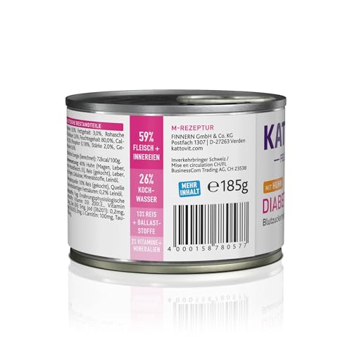 KATTOVIT - Diabetes Nassfutter für Katzen | Diät-Katzenfutter als Alleinfuttermittel in der Dose für Katzen mit Diabetes. Blutzuckerregulierendes Katzendiätfutter | 12 x 185 g Huhn