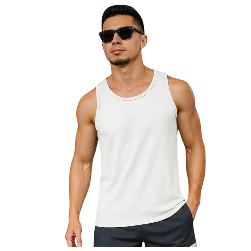 Men Sleeveless Tank Top Athletic Gym Vest Round Neck Inner Fit Cotton Blend Workout Under Wear for Training Fitness Sports Casual Use White-picture-38