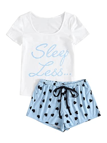 Image of Women's Graphic Print Tee Shirt and Heart Print Shorts Pj Set Sleepwear