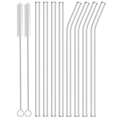 Redreo Glasstrohhalme Wiederverwendbar 10 Stück - 4 Gerade Glas Strohhalme und 4 Gebogene Glasstrohhalme Lang 20cm mit 2 Reinigungsbürsten Glas Trinkhalme für Tea Slush Cocktail Säfte