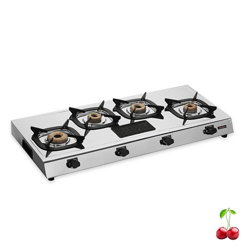 Rich Flame Gas Stove 4 Burners Steel Body | ISI Certified 4 Burner Stoves | Home & Kitchen Gas Chulha LPG & PNG Compatible | Manual Ignition Cooktops Stainless Steel Brass Burner | Quardo' Silicon
