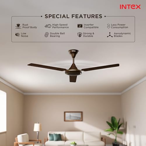 Image of Intex Aero Silk 1200MM Ceiling Fan 3 Blade 380 RPM | High Speed Motor 210 CMM | Air Delivery 50W Low Power Double Ball Bearing | Rust Proof Alluminium Blade 24 Month Warranty (Smoke Brown)