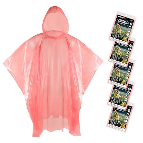APEXUP Disposable Rain Ponchos for Adults, Emergency Rain Poncho for Camping Hiking Travelling Red 5 Pack