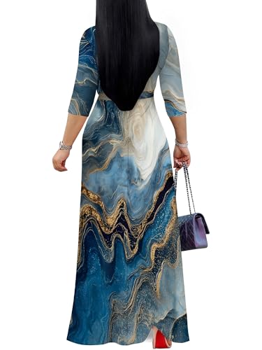 Image of Plus Size Dresses for Women Print Maxi Dresses 3 /4 Sleeve with Belt