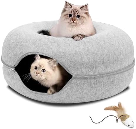 Cat Tunnel Bed,Peekaboo Cat Cave – All Season Cat Tunnel Bed for Indoor Cats,Cat House with 1 Toy,Scratch Detachable & Washable Donut Cat Bed,for Cats up to 9 Lbs (M(20x20x9), Light Grey)