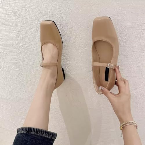 Image of TN TANGNEST Leather Flats for Women Retro Mary Jane Flats | Comfortable Square Toe Slip On Flats with Buckle Strap, Soft Work Flats Office Shoes