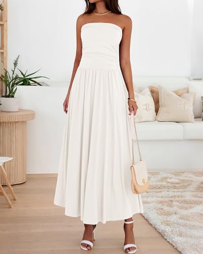 BTFBM Summer Maxi Dresses for Women 2025 Strapless Ruched Tube Top Flowy Beach Vacation Wedding Guest Fall Dress Pockets2