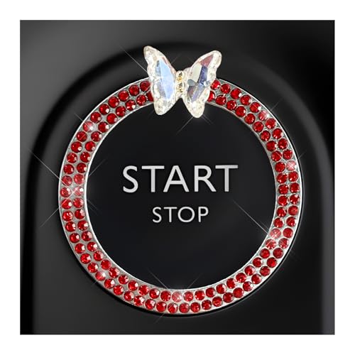 Image of DXNQ Bling Ring Emblem, Sparkling Butterfly Car Buttons and Knobs Ring, Girly Butterfly Diamond Car Engine Start Button Cover, Key Ignition Knob Rings Decoration for Women (Red, Double Row)