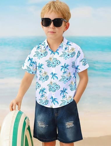 Image of Hawaiian Shirt for Boys Button Down Wrinkle Free Shirt Short Sleeve Funny Beach Casual Summer Print Top for Kids 4-15 Years