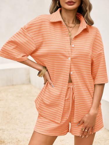 Image of Tankaneo Womens Striped 2 Piece Sets Short Sleeve Lounge Set | Button Down, Waffle Knit, Pajama Lounge Set, Summer Outfits