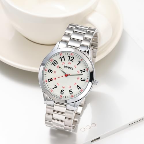 BUREI Men's Wrist Watch Military Time Easy Read Dial, 24 Hour with Second Hand, Stainless Steel Band.