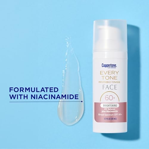 Image of Coppertone Every Tone Invisible Finish Brightening UV Defense Face Sunscreen SPF 60+ with Niacinamide, Lightweight, Blends in Clear Sunscreen for All Skin Tones, 1.7 Fl Oz Pump Bottle