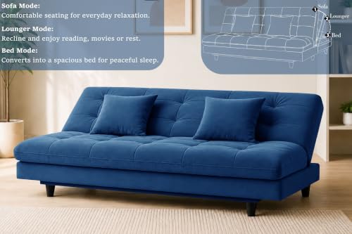 Image of Los Angeles Modern Convertible Futon Sofa Bed, Tufted Upholstered Folding Couch with Adjustable Backrest, Space Saving Sleeper Sofa for Living Room, Apartment, Office, Dorm & Guest Room - Blue