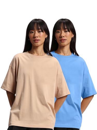 Image of JUNEBERRY Pure Cotton Drop Shoulder Oversized Baggy Fit Half Sleeve Plain Solid Round Neck Multicolor T-Shirt for Women & Girls (Pack of 2) (Sizes S-2XL)