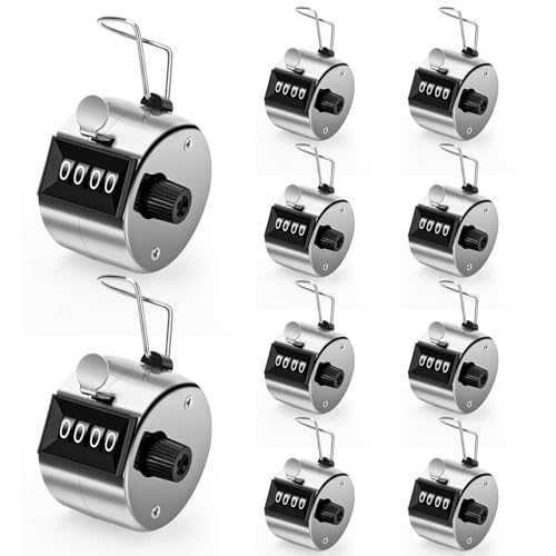 PLUVAVA 10 Pieces Metal Clicker Counter 4 Digit Number Handheld Tally Counter Silver Handheld Manual Counter Pitch Clickers for Counting School Golf Coaching Sports Knitting Events (10 PCS)