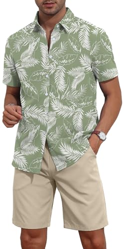 YTD Men's 2 Piece Outfits Tropical Print Short Sleeve Button Down Hawaiian Shirt and Beach Shorts Set3