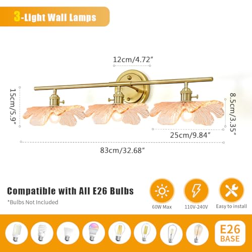 Image of 3 Light Bathroom Vanity Lighting, Gold Brass Wall Mount Light with Amber Flower Petal Glass Shade, Mid Century Vanity Lights Over Mirror for Living Room Hallway