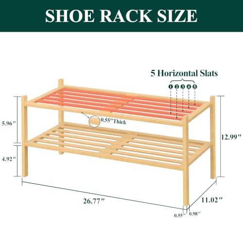 Image of Smiry Bamboo Shoe Rack, 5 Horizontal Slats, 2 Tier - 26.8 inch Wide, Natural