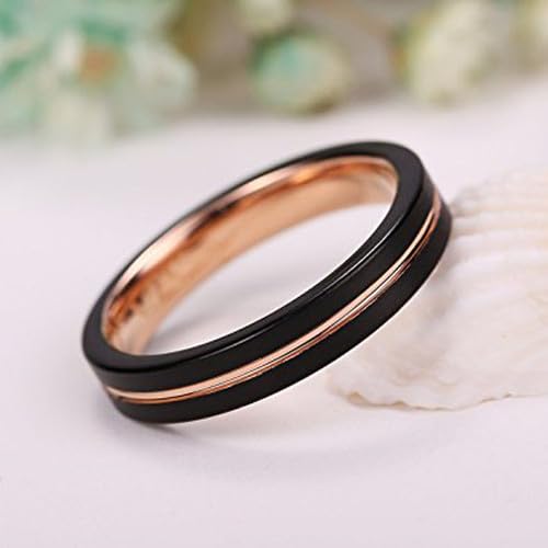 (4mm) Women's Black and Rose Gold Matte Finish Tungsten Carbide Wedding Ring Band. Grooved and Comfort Fit. One Year Warranty Included.2