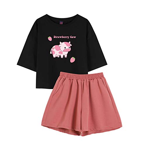 Image of KEEVICI Girls' Cute Strawberry Cow Print T Shirts Short Sleeve Crop Cotton Tops