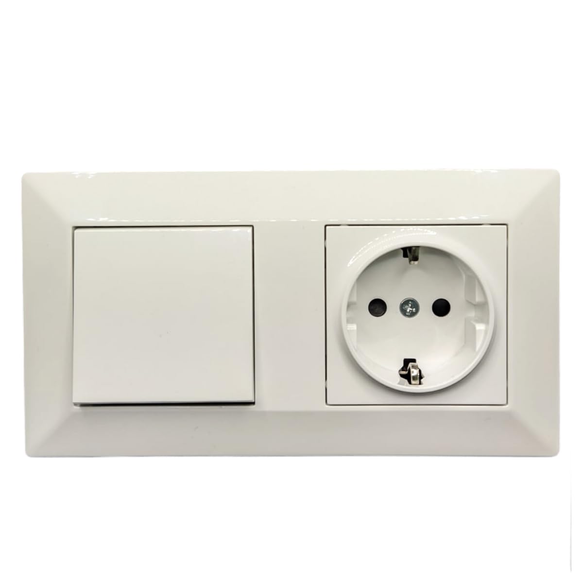 Jandei - Enchufe Schuko 2P+​T 16A y Interruptor Conmutador, 230V, Decoración Elegante Pared Interior, Fácil de Instalar, Incluye Marco y Mecanismo, Policarbonato Color Blanco