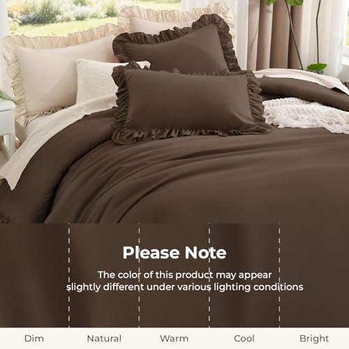 Image of Litanika Brown Twin Size Comforter Sets, 2 Pieces Ruffle Farmhouse Aesthetic Bedding Comforter Sets, All Season Soft Lightweight Fluffy Microfiber Bed Set(66x90In Comforter, 1 Pillowcase)