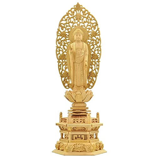 福和屋 仏像【浄土宗・時宗】木製仏像 阿弥陀如来 立像 柘植材 六角台座 舟型唐草光背 金泥付き 4.0寸 本尊 木彫り