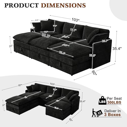 Image of Ihanherry Oversized Sectional Sofa Bed with Storage, 103 inch 6-Seater Modular Cloud Couch with Movable Ottomans, Chenille Deep Seat Sleeper Couches for Living Room (Black)