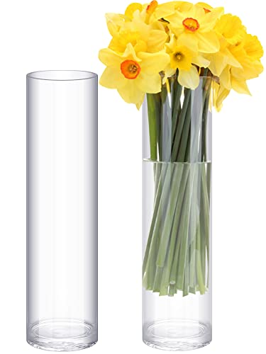 2 Pieces Cylinder Glass Vase Floral Container Clear Floor Flower Vase Tall Skinny Floating Candle Vases for Centerpieces Cylinder Candle Holders for Wedding Party Home Decor (16 x 5 Inches)