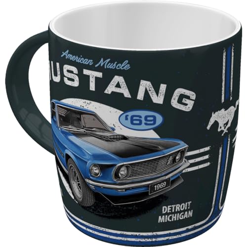 Nostalgic-Art Retro Kaffee-Becher, 330 ml, Ford Mustang – 1969 Mach 1 Blue – Geschenk-Idee für Ford-Zubehör Fans, Original Lizenzprodukt (OLP), Keramik-Tasse, Vintage Design
